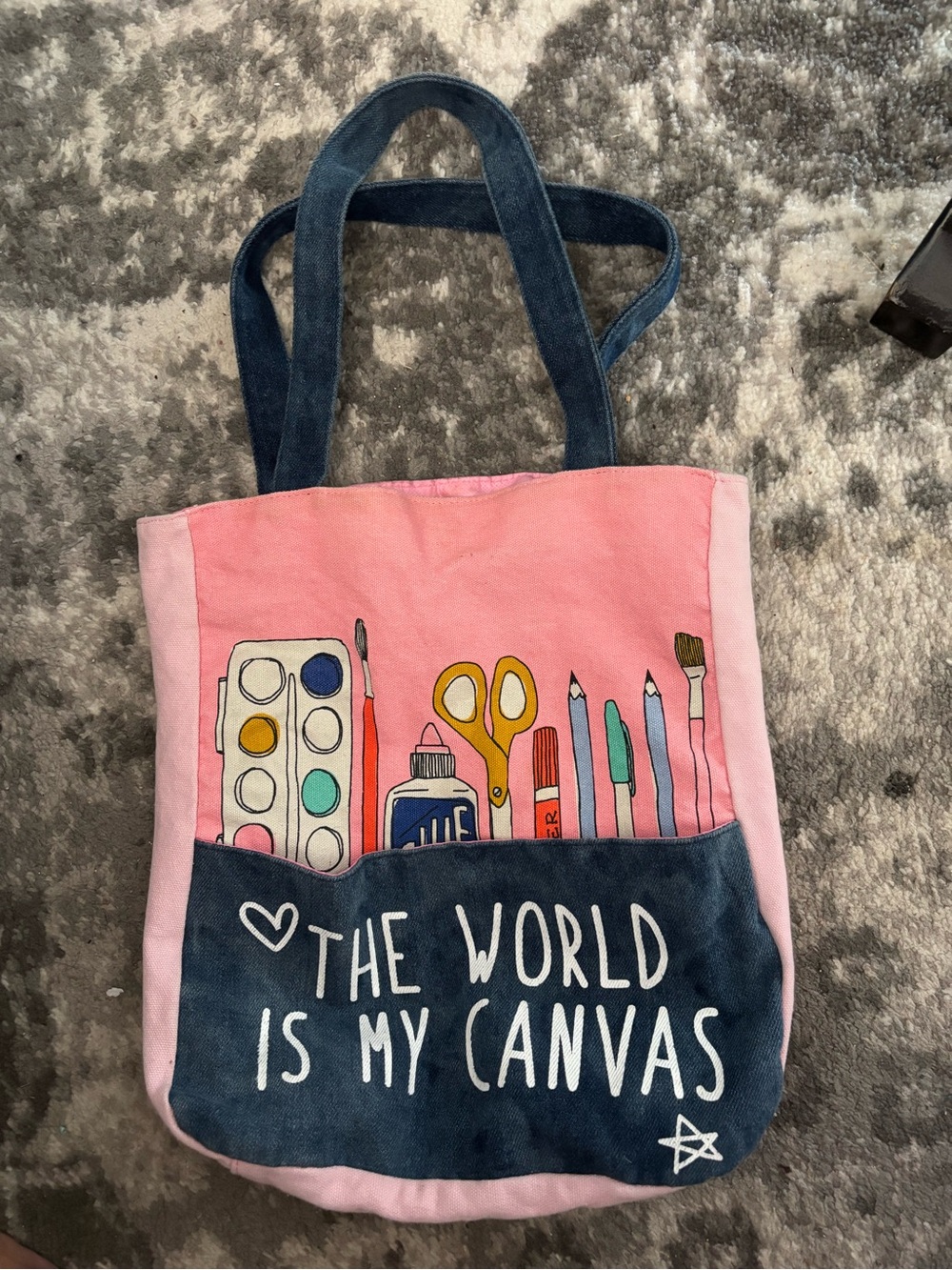 Pink Canvas Art Tote Bag with Navy Pocket
